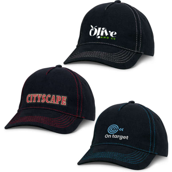 A black cap featuring multiple designs, including logos and embroidered text in various colours.