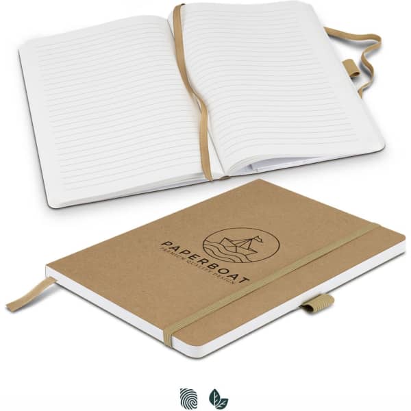 A beige notebook with a logo, featuring a brown elastic band, opened to reveal lined pages inside.