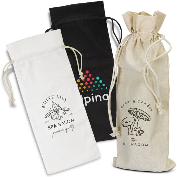 A set of three cotton drawstring bags in white, black, and natural hues, each with a logo or design.