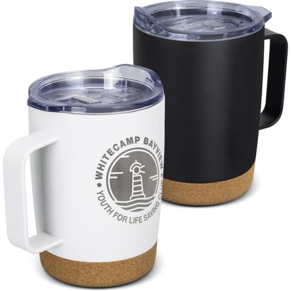 A drink mug set featuring one white and one black travel mug with clear lids and cork bases, each with a logo.