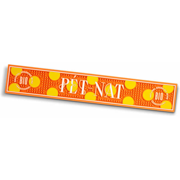 A small orange PVC bar runner with yellow dots and a logo. Features a textured surface for spill absorption.