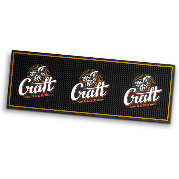 A large black PVC bar runner featuring three logos with a craft beer design and accents in gold and white.