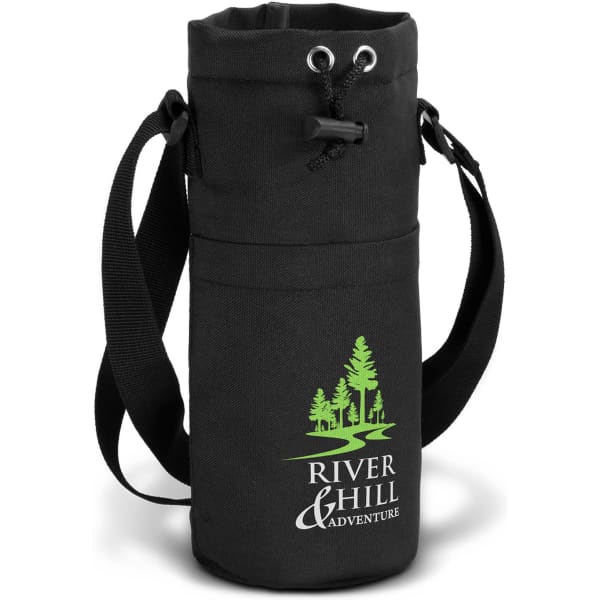 A drink bottle sling bag in black with a green logo, featuring a strap and drawstring closure.