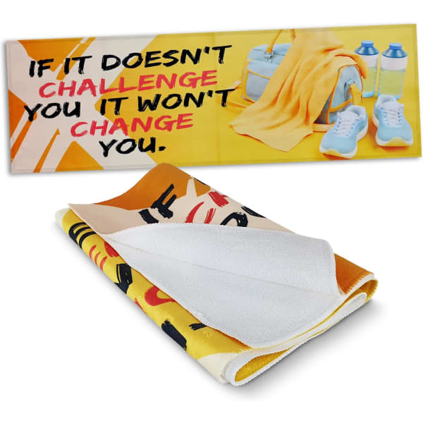 A full-colour sports towel in yellow, featuring a vibrant design and a logo, folded with a white underside.