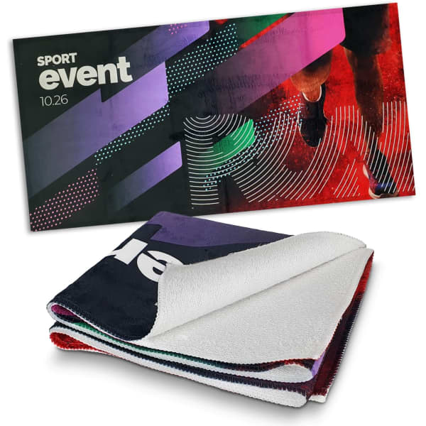 A full-colour gym towel in various hues, featuring a branded design and a soft, absorbent texture.
