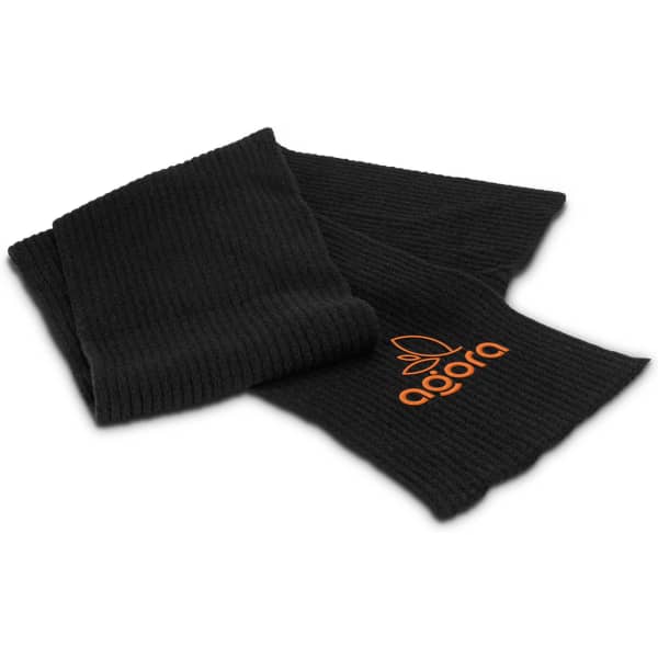A black brushed scarf with a ribbed texture and an orange logo. Ideal for fashion and warmth.