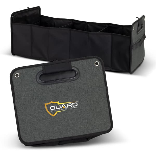 A trunk organiser in grey fabric, featuring multiple compartments and handles for easy carrying. Includes a logo.