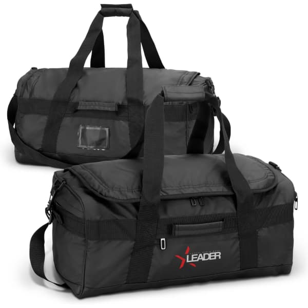A black 50L duffle bag with dual handles and a shoulder strap, featuring a logo on one side.
