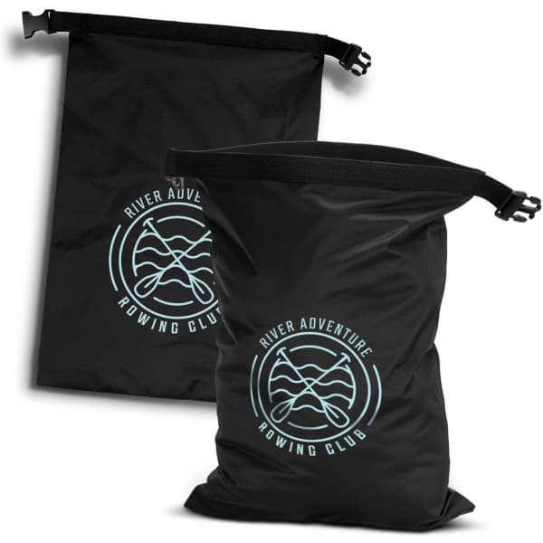 A black lightweight dry bag with a roll-top closure and a logo featuring crossed oars.