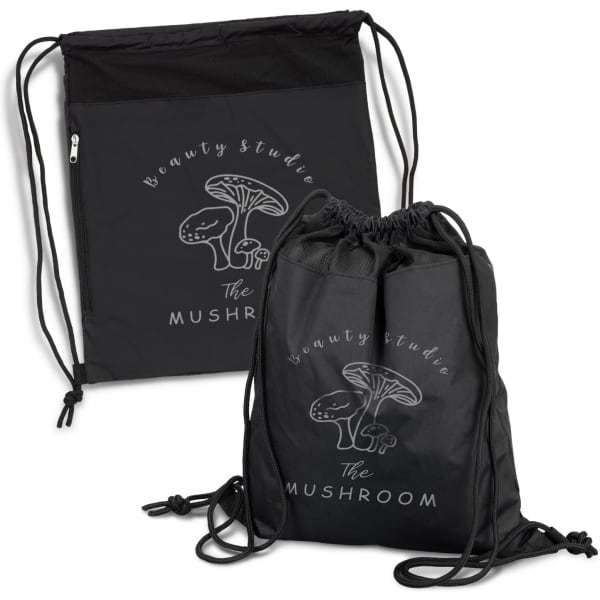 A black drawstring backpack featuring a graphic of a mushroom and a logo. It has adjustable cords for closure.