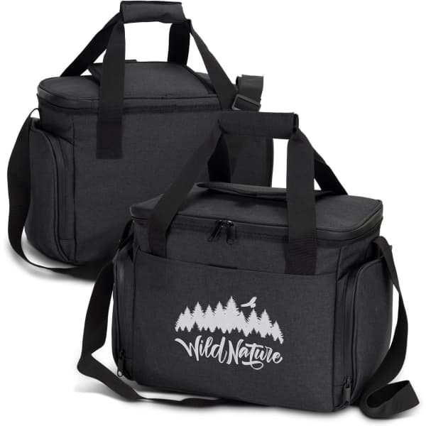 A black cooler bag with a shoulder strap and top handle, featuring a logo on one side.
