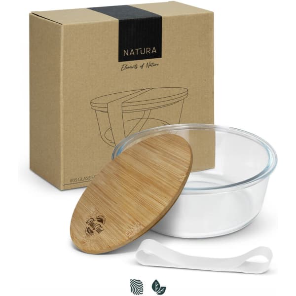 A glass food container with a bamboo lid and a white silicone strap, displayed with a cardboard package.