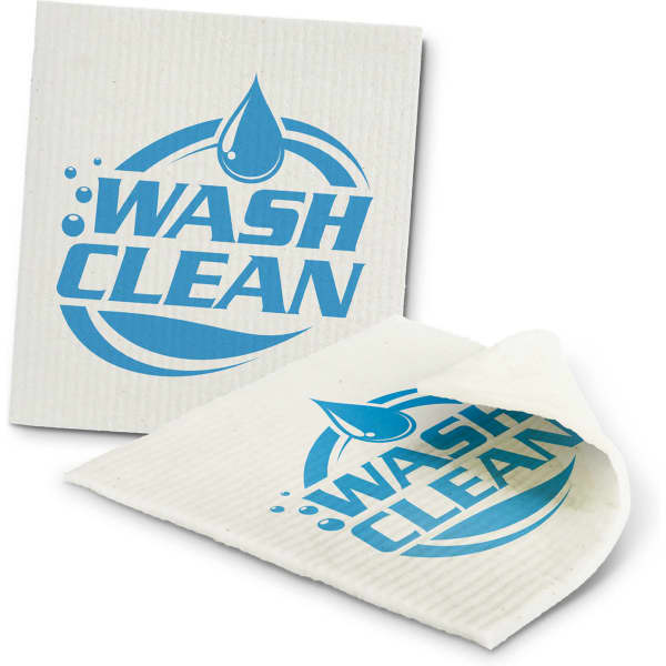 A dish cloth in white with a blue logo featuring the text 