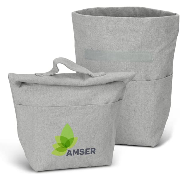 A grey cooler bag with a handle and a larger bag beside it, both featuring a logo.