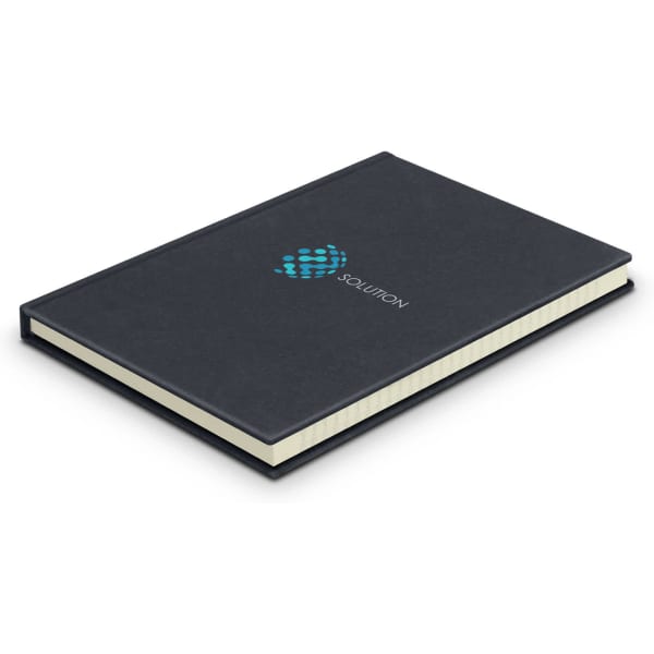 A dark blue recycled cotton hard cover notebook with a logo on the front and cream-coloured lined pages.