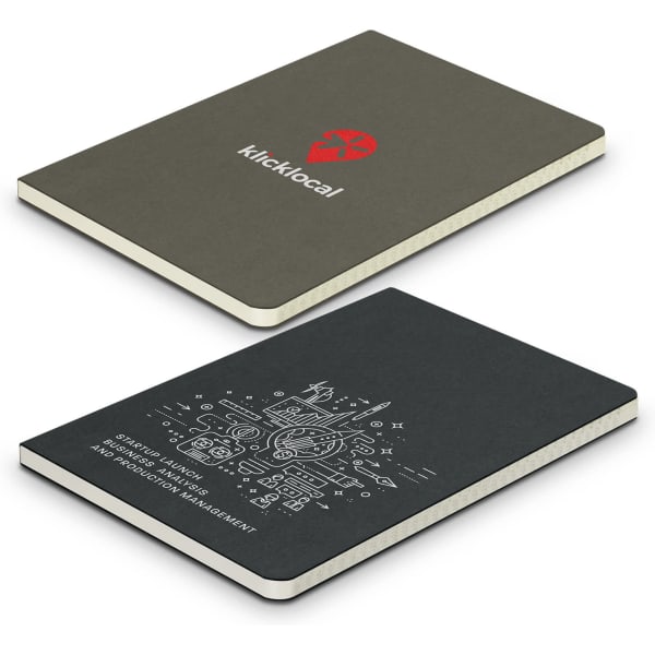 A recycled cotton soft cover notebook in olive green with a logo on the front and a design on the back.