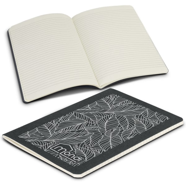 A black recycled cotton cahier notebook with a leaf pattern cover, featuring lined pages inside.