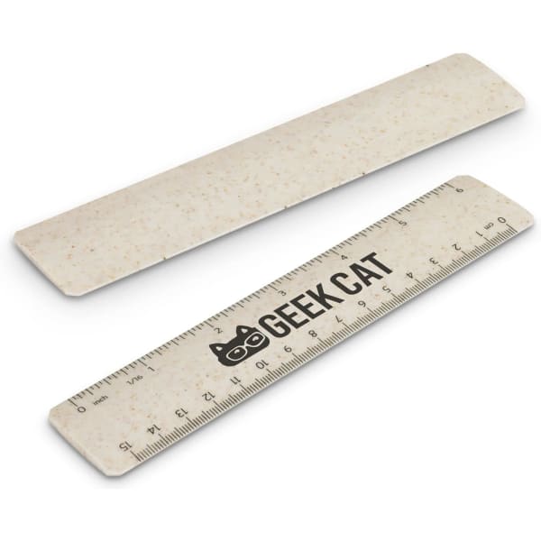 Two rulers are displayed, one with a logo and the other plain, both in a natural, light colour.