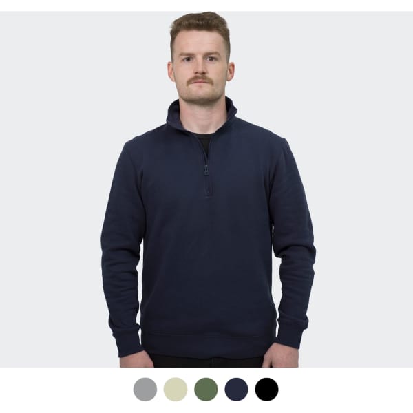 A unisex navy quarter zip jumper with long sleeves and a collar. Features a simple design with a logo.