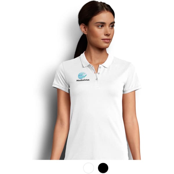 A white women's polo shirt featuring a logo, designed with a classic collar and short sleeves.