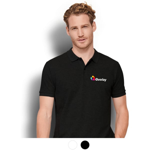 A black men's polo shirt featuring a branded logo on the chest.