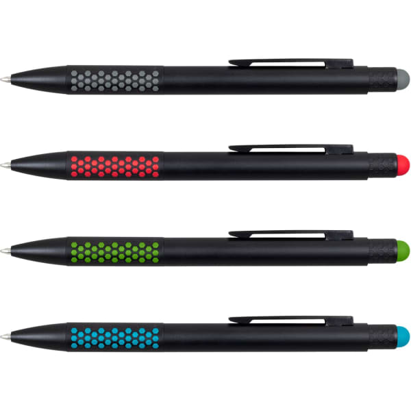 A set of four stylus pens in black, featuring textured grips in grey, red, green, and blue.