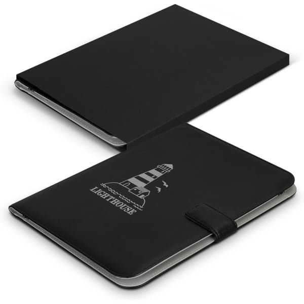 A black portfolio featuring a lighthouse design and a secure closure, presented in a matching outer box.