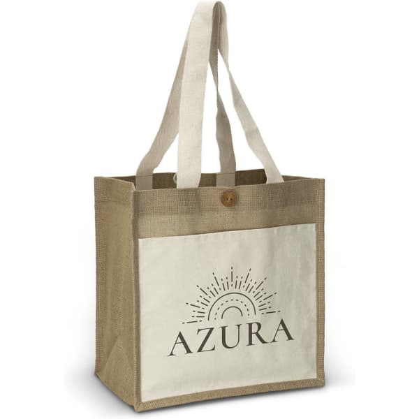 A jute tote bag in natural and cream, featuring a logo on one side and dual handles for carrying.