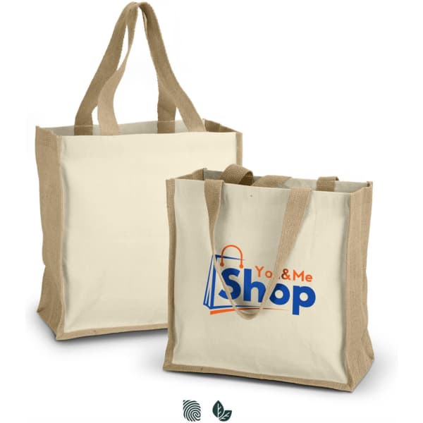 Two natural canvas tote bags with tan handles, one larger and one smaller, featuring a logo on the side.