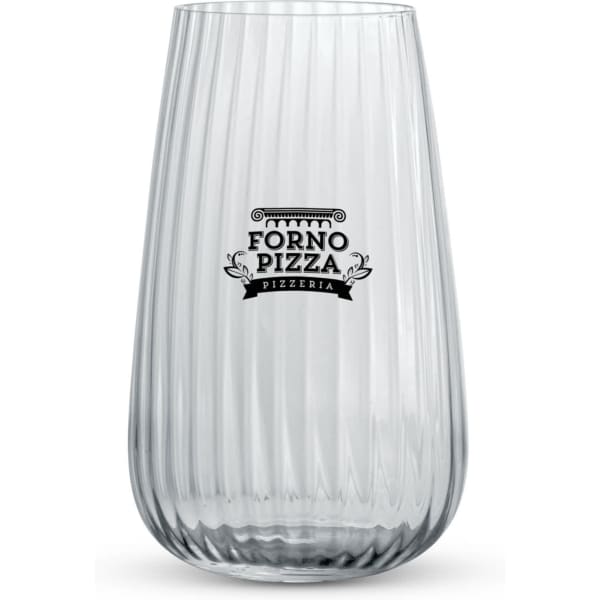A clear glass tumbler with ribbed texture featuring a logo in black. Suitable for serving various beverages.