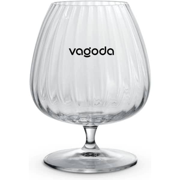 A glass cognac glass with a ridged design, clear in colour, featuring a logo on the front.