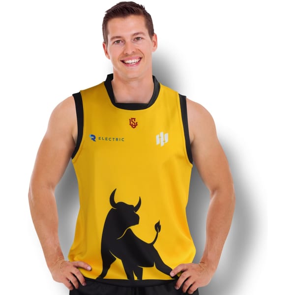 A yellow sports jersey featuring a bull graphic and a logo, designed for men's AFL.
