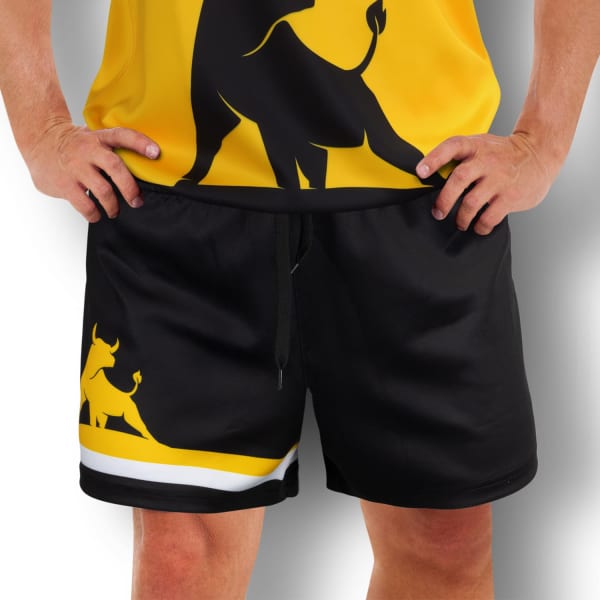 Custom men's AFL shorts in black with yellow and white detailing, featuring a logo on the side.