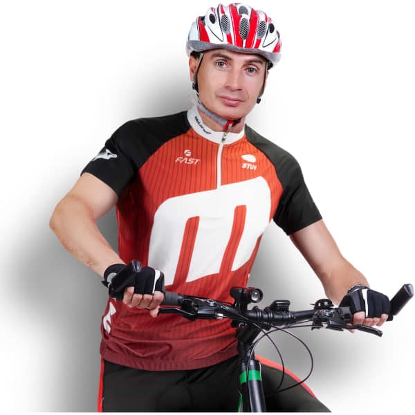 A cyclist wearing a red and black custom cycling jersey and a helmet, posed on a bicycle. The jersey features a logo.