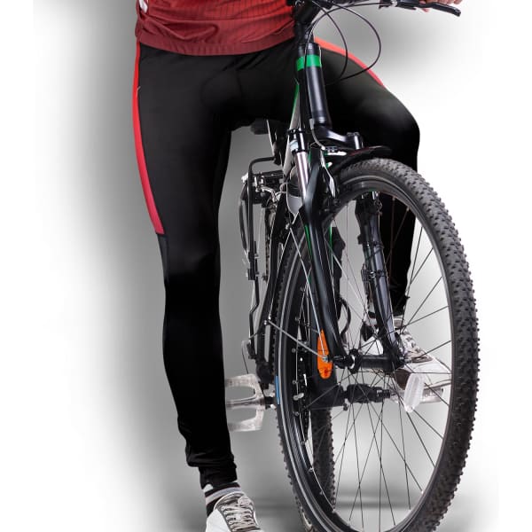 Custom men's cycling pants in black with red accents, featuring a sleek design and a logo on the side.