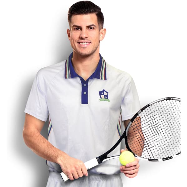 A man wearing a custom men's tennis top in light grey with a collar and stripes, holding a tennis racket and ball.