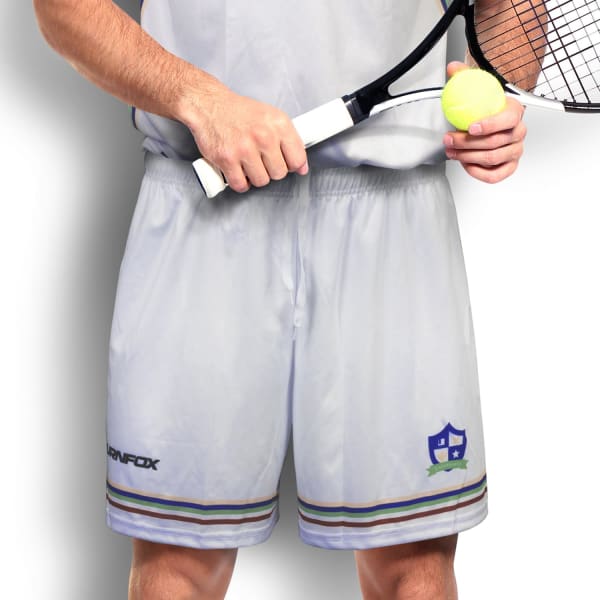 Custom men's tennis shorts in grey with a logo and stripe detailing, ideal for sports activities.