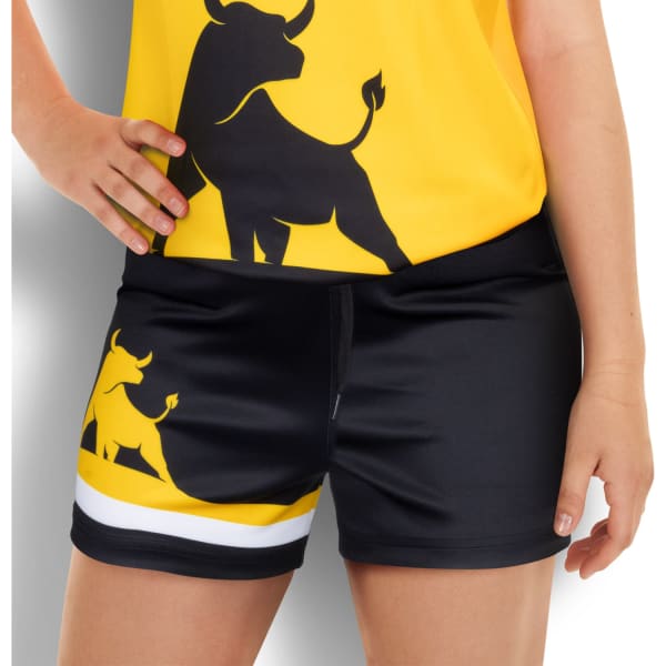 Custom women's AFL shorts in black with a yellow and white design, featuring a logo detail on the side.