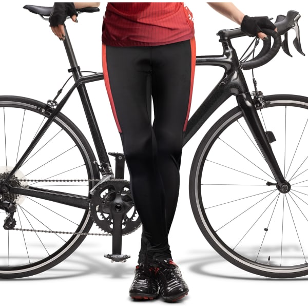 Custom women's cycling pants in black with red side stripes, styled with a bicycle. The design includes a logo.