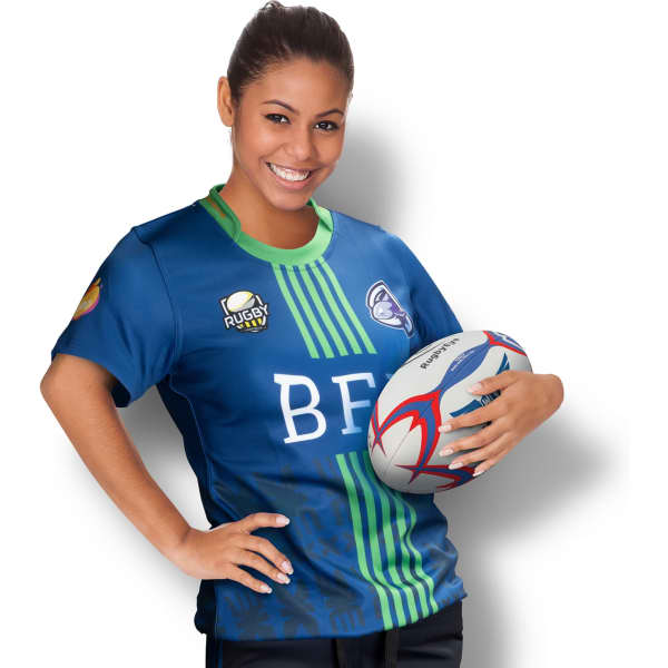 A woman in a blue and green custom rugby t-shirt holds a rugby ball, featuring a logo on the shirt.