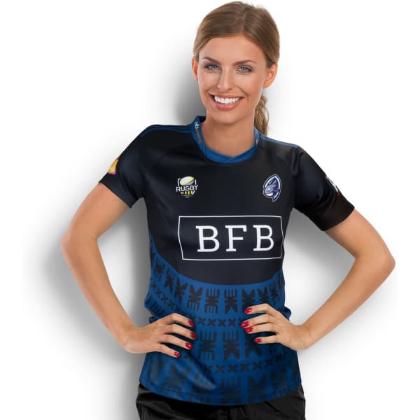 A woman wearing a navy blue custom performance rugby T-shirt with a logo and graphic design.
