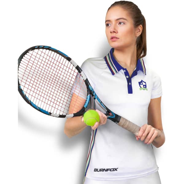 A woman in a white tennis top with multi-coloured stripes holds a tennis racket and ball, featuring a logo.