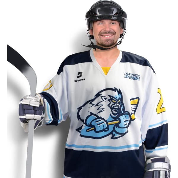 A custom hockey jersey in blue and white with a logo, featuring a player holding a hockey stick and wearing a helmet.