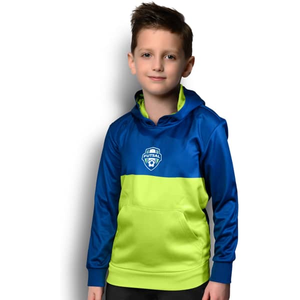 A blue and green hoodie featuring a logo, designed for kids' sports activities.
