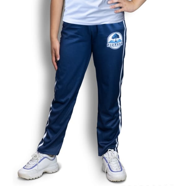 Navy track pants for kids featuring a logo, with white side stripes and an elasticated waistband.