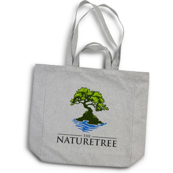 A grey tote bag featuring a green tree design above a blue water motif and a logo at the bottom.