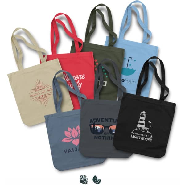 A variety of canvas tote bags in beige, blue, green, black, and red, featuring various designs and a logo.