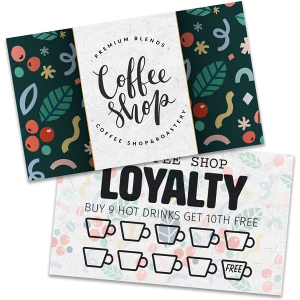 A full-colour loyalty card featuring a coffee shop design with vibrant patterns and a detail for a hot drink promotion.