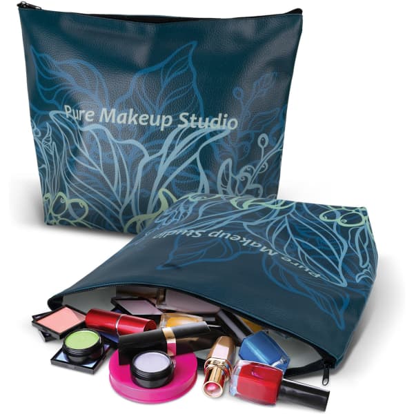 A large teal cosmetic bag with a floral design, open to reveal various makeup items and a branding logo.