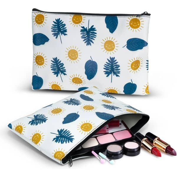 A medium cosmetic bag featuring a vibrant design with blue leaves and yellow suns, filled with makeup items.